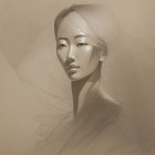 Sepia-Toned Artistic Portrait with Delicate Facial Features and Flowing Lines