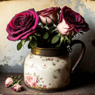 Deep Purple Roses in Vintage Metal Jug on Rustic Background