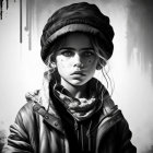 Monochrome portrait of young girl in hat and jacket against paint-drip backdrop