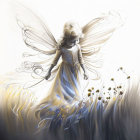 Young girl with fairy wings in flowing dress walking in dreamy meadow