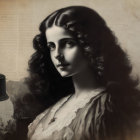 Woman in frilled dress with wavy hair and inkwell on parchment.