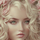 Blonde Curly Hair Woman Portrait with Pink Roses