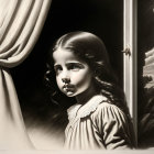 Sepia-toned image: Young girl gazes out window with reflected profile, soft drapery