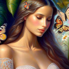 Woman surrounded by lush greenery and colorful butterflies in serene nature scene