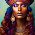 Colorful digital portrait of woman with turban, bold purple makeup, and hoop earrings