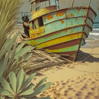 Rusty abandoned boat on sandy shore with overgrown plants