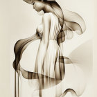 Monochromatic image of woman in flowing dress with abstract design.