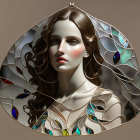 Illustrated portrait of woman with stained glass and leaf motifs in iridescent jewel tones