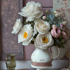 Vintage Still Life: White Roses, Eucalyptus, Pink Buds, Rustic V