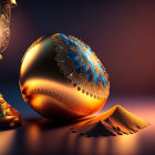 Golden sphere and classic lamp in ornate setting on dark background