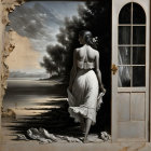 Woman in white dress standing at weathered doorway overlooking beachscape under stormy sky