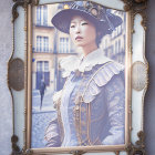 Asian woman in steampunk attire with ornate golden frame