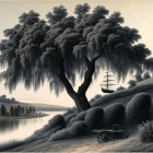 Monochrome image: Fluffy tree, lake, old wagon, tall ship