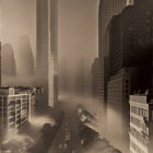 Sepia-Toned Cityscape with High-Rise Buildings and Foggy Atmosphere