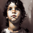 Young child with curly hair gazing upwards in contemplation