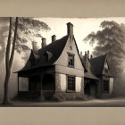 Vintage house with steep roofs and porch in sepia tones amid leafy trees