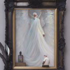 Angel painting with open wings above praying figure in ornate black frame