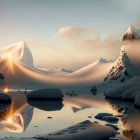 Tranquil snowy landscape with mountain peaks and sunburst effect