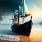 Sailboat painting with billowing sails and dramatic sky