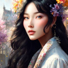 Illustrated portrait of a woman with dark hair, flowers, traditional attire, and floral backdrop.