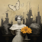 Vintage-Style Portrait of Woman with Butterflies and Orange Flower in Sepia-Toned Setting