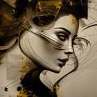Surreal portrait: woman with flowing hair, abstract golden swirls, and monochrome typographic