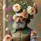 Man in Vintage Green Suit with Flower Bouquet Head Portrait