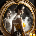 Vintage-dressed woman reflected in ornate mirror with swirling vapor-like element