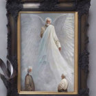 Ornate frame with angel painting and observers in gallery setting