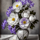 Glass vase with white and purple flowers on draped cloth against textured backdrop