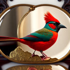 Colorful Cardinal Bird Reflected in Circular Mirror