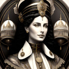 Monochromatic digital art of regal woman with ornate headdress and uniform