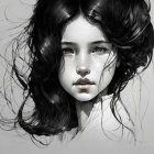 Monochrome illustration of young woman with voluminous hair and expressive eyes