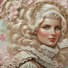 Blonde woman illustration with curly hair, pearls, roses, ruffled collar