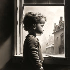 Child looking out of window with natural light and old buildings in background