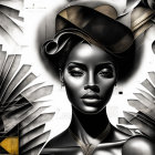 Monochrome digital art of a woman with stylish hat among abstract patterns