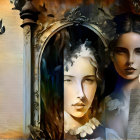 Surreal Artwork: Women's Faces Merge in Vintage Frame with Butterflies