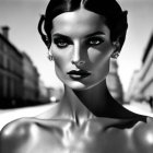 Woman's monochrome portrait with styled hair and earrings against cityscape.