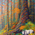 Colorful autumn forest painting with white bull and blue trees