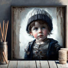 Young child in knit hat and denim jacket peering through square frame on wooden surface