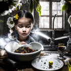 Young girl blowing on colorful food bowl with steam, white flowers, rustic backdrop