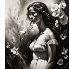 Monochromatic artwork: serene woman, flowing hair, delicate flowers, butterflies