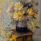 Golden and pink roses bouquet on vintage vase with scattered petals on textured background