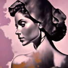 Profile Portrait of Woman with Elegant Hair on Pink and Purple Textured Background