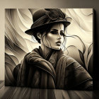 Monochromatic art: Woman in feathered hat, ornate fabrics, swirling patterns