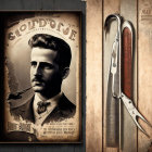 Classic Barbershop Poster with Man Portrait and Razor on Wood Background