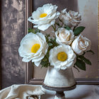 Vintage bouquet of white roses and peonies in ornate vase with blurred painting