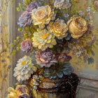 Rustic floral arrangement painting with warm tones and textured backdrop