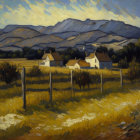 Tranquil rural scene with cottages, fields, and mountains