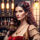Steampunk-themed woman with gears, floral hairpiece, and vintage jewelry posing among bulbs and potion